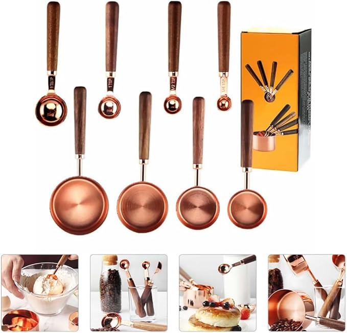 Healeved Measuring Spoon and Cup Set and Stainless Steel Construction 8pcs with Walnut Handle Double Graduated Units, Easy to Use and Clean, for Cooking and Baking