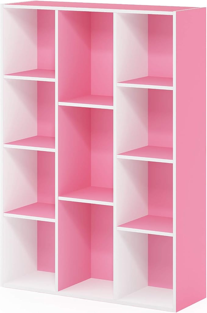 Furinno LUDER Book Shelf, 11-Cube Bookshelf, Reversible Bookcase, 9.4 x 29.1 x 41.7, Easy Assembly, for Living Room, Bedroom, Home Office, White/Pink