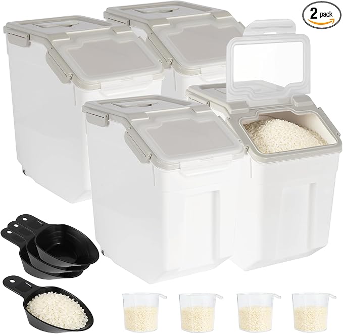 4 Pack Rice Container 25 lbs Large Bulk Flour Sugar Storage Holdhouse Plastic Grain Cereal Dry Goods Bin with Spoon and Measuring Cup for Kitchen Pantry Organization - Grey