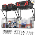 ThreeHio 2 Pack Garage Shelves Wall Mounted with Wire Baskets, Heavy Duty Garage Wall Shelving with Hooks, Wire Shelf Baskets Tool Organizer for Home Garden Garage Organization and Storage
