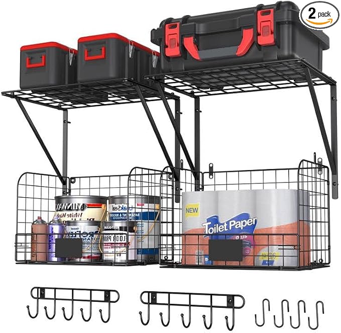 ThreeHio 2 Pack Garage Shelves Wall Mounted with Wire Baskets, Heavy Duty Garage Wall Shelving with Hooks, Wire Shelf Baskets Tool Organizer for Home Garden Garage Organization and Storage