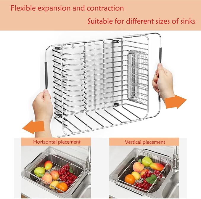 NiuYichee Stainless Steel Dish Drying Rack(15" L X 12.6" W X 4.7" H), Expandable Fruit & Vegetable Drain Rack Over Sink, Dish Drainer Rack in Sink, with Utensil Holder & Silicone Mat(16")