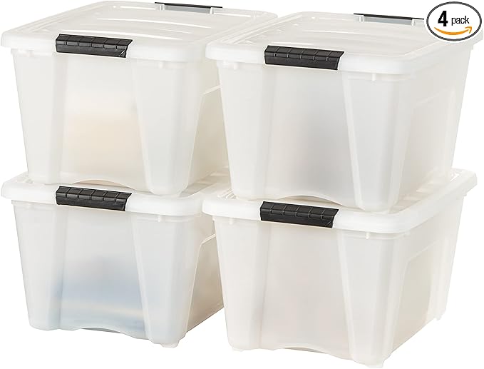 IRIS USA 32 Qt Stackable Plastic Storage Bins with Lids, 4 Pack - BPA-Free, Made in USA - Discreet Organizing Solution, Latches, Durable Nestable Containers, Secure Pull Handle - Pearl