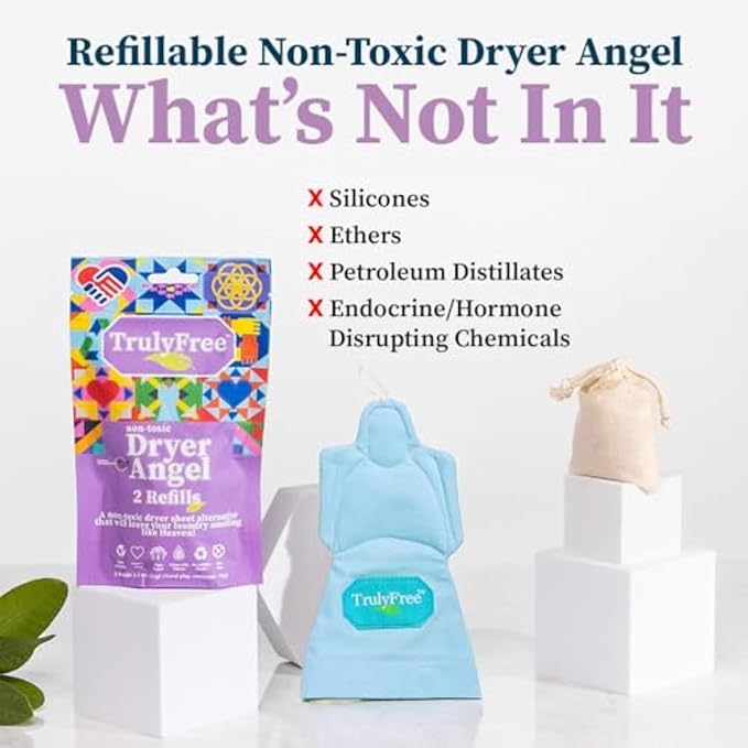 Truly Free Dryer Angel - Natural Dryer Sheet Alt, Non-Toxic Reusable Fabric Softener Booster Sheets, Safe for Babies and Sensitive Skin, Laundry Room Essentials - Germanium Scent - 2 Packs + 2 Refills