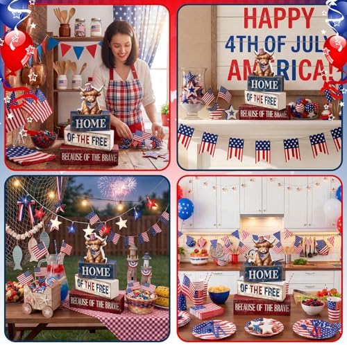 Moucuny 4 Pcs 4th of July Wooden Signs Patriotic Tiered Tray Decor