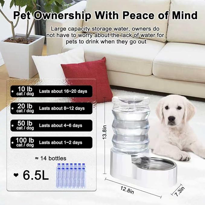 RIZZARI 6.5L Stainless Steel Dog Water Dispenser:Anti Spill for Medium Dogs | Stainless Steel Bowl / No Electricity / Gravity Auto Refill / Stable Base / Easy Cleaning / Home Use