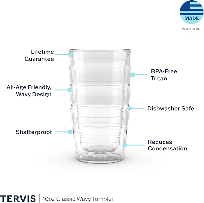 Tervis Clear & Colorful Tabletop Made in USA Double Walled Insulated Tumbler Travel Cup Keeps Drinks Cold & Hot, 10oz Wavy, Clear