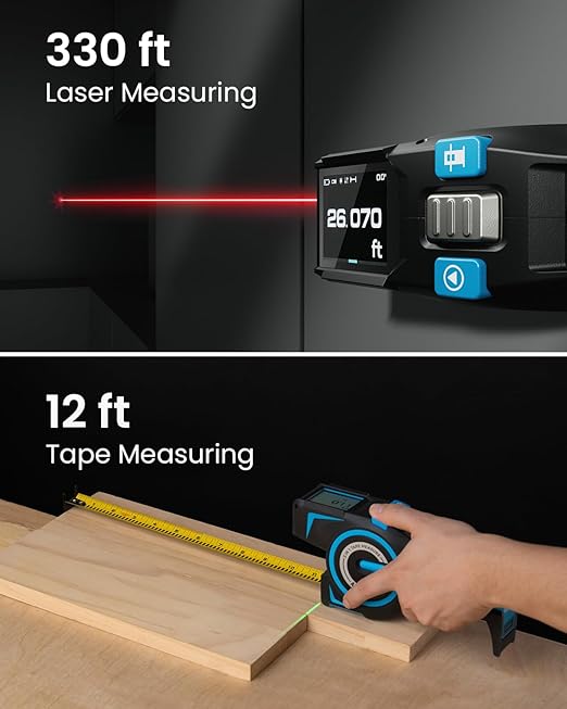 ACEGMET Digital Tape Measure 12ft Tape ±1.5mm & 330Ft Laser Distance Meter | Smart App Sync, USB-C Recharge 8H Battery, 8 Measuring Modes, Green Laser Alignment, 2" IPS Display, 30 Data Memory