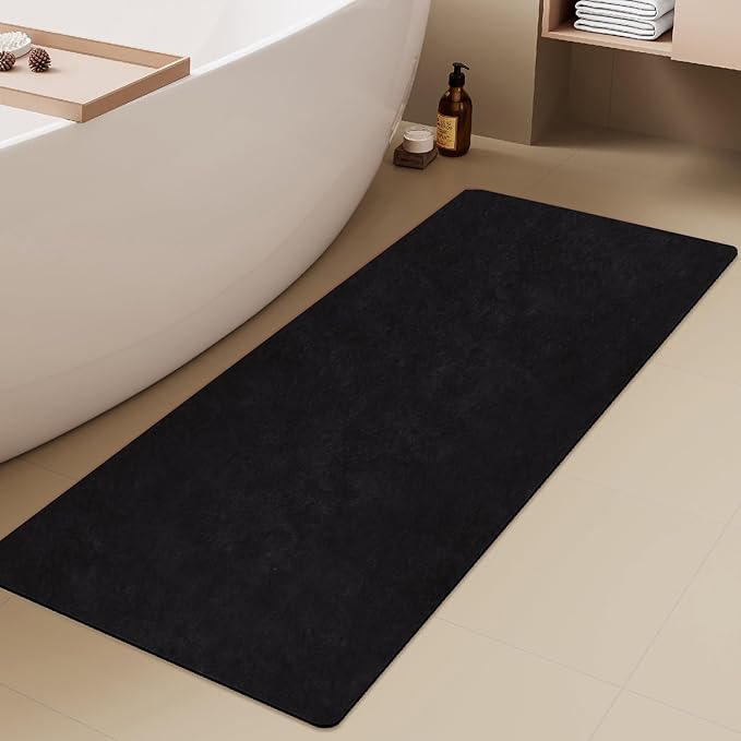 TYUU Black Bath Mat, Bathroom Rugs Non Slip Washable Thin Absorbent Quick Dry Bath Mat Fits Under Door Bathroom Floor Mat Perfect for Bath, Shower, or Sink 24"x70" Black