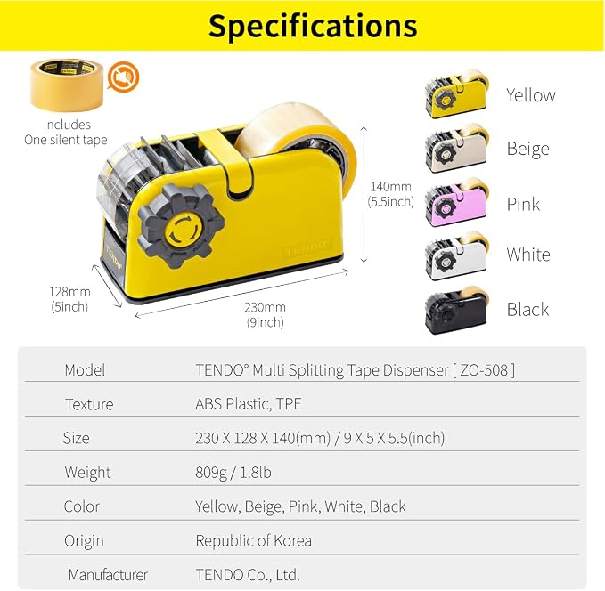 [TENDO°] TENDO Multi-Section Tape Dispenser, Custom Width Tape Cutter with 4 Cutting Sections, Built-in Safety Blade, Ergonomic Grip for Packing and Office Use, ZO-508(Yellow)