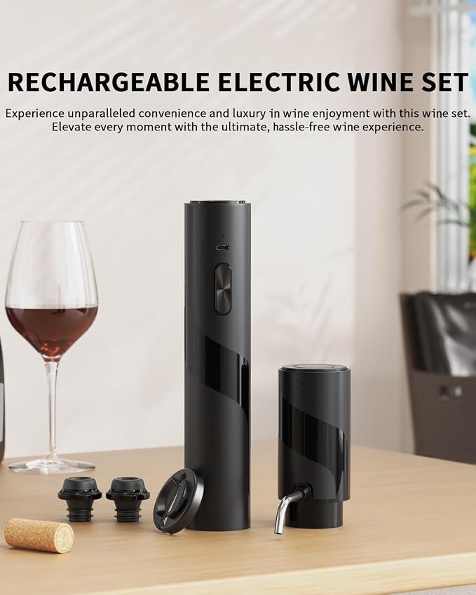 CIRCLE JOY Electric Wine Bottle Opener Set Rechargeable 6-in-1 Wine Set with Foil Cutter, Electric Wine Opener, Electric 2-in-1 Wine Aerator & Pourer, Electric Vacuum Pump and 2 Wine Stoppers, Black