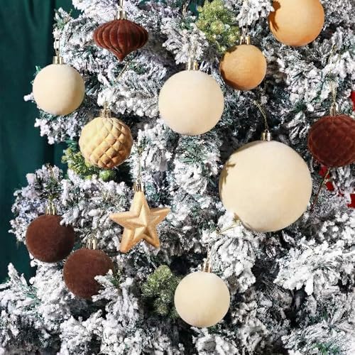 Hollowfly 95 PCS Velvet Christmas Tree Decor Set, Coffee, Brown, Beige