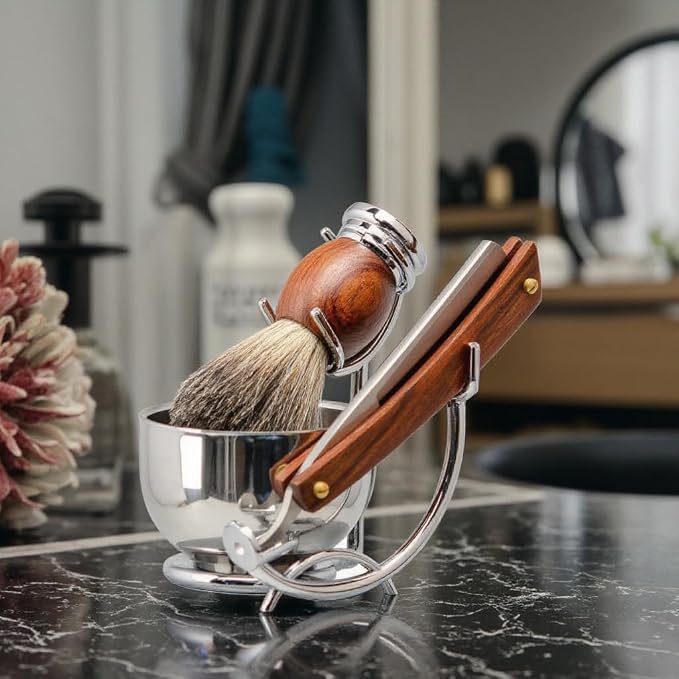 Grandslam Shaving Straight Razor Kit, Cutthroat Straight Razor With Leather Strop, Shaving Brush and Bowl, Stainless Steel Stand, Shave Soap, Gift for Men