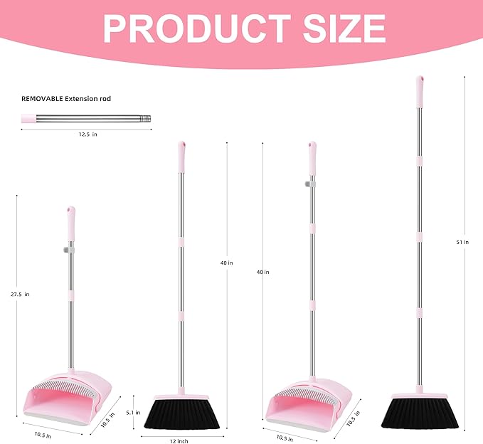 BSKLIN Broom and Dustpan Set for Home, 52” Long Handle Broom with Dustpan Combo Set with Dust Pan Teeth to Clean Hair Sweeping Set for Kitchen Hardwood Floors Pet Hair (Pink)