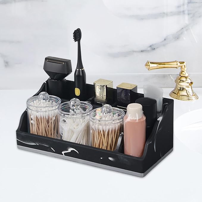 Bathroom Counter Organizer Toothbrush Holder Durability Home Use 5 Compartments Resin with 3 Qtip Holder Toothbrush Organizer (Black)