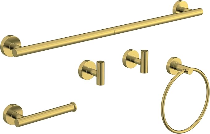5 Pcs Brushed Gold Bathroom Accessories Hardware Set SUS304 Stainless Steel 26 Inch Towel Rack and Toilet Paper Holder Set Bath Towel Bar Set Wall Mounted for Bathroom Kitchen by HOMEMYSTIQUE