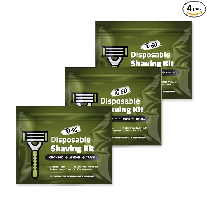 Travel Shaving Kit with Razor, Shaving Cream, Washcloth and Aftershave Wipe, Men's Disposable Grooming Pack (Green) (3)