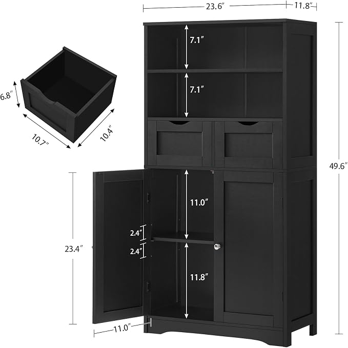 Iwell Tall Storage Cabinet, Black Storage Cabinet & Adjustable Shelves, Bathroom Cabinet for Living Room, Dining Room, Entryway, Black