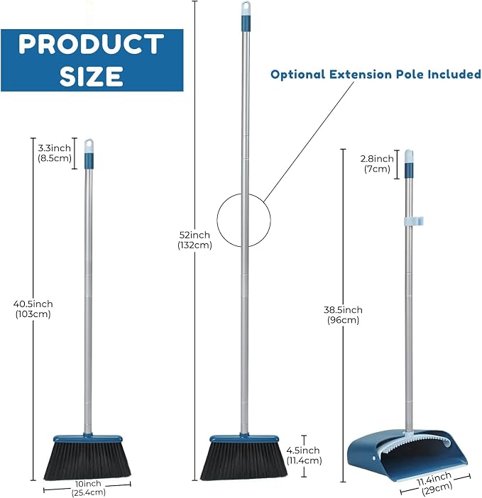 TreeLen Standing Dustpan and Broom Set with 52 Inch Long Extendable Handle for Cleaning Home, Interiors, Kitchens, Office Lobby Floors, Blue