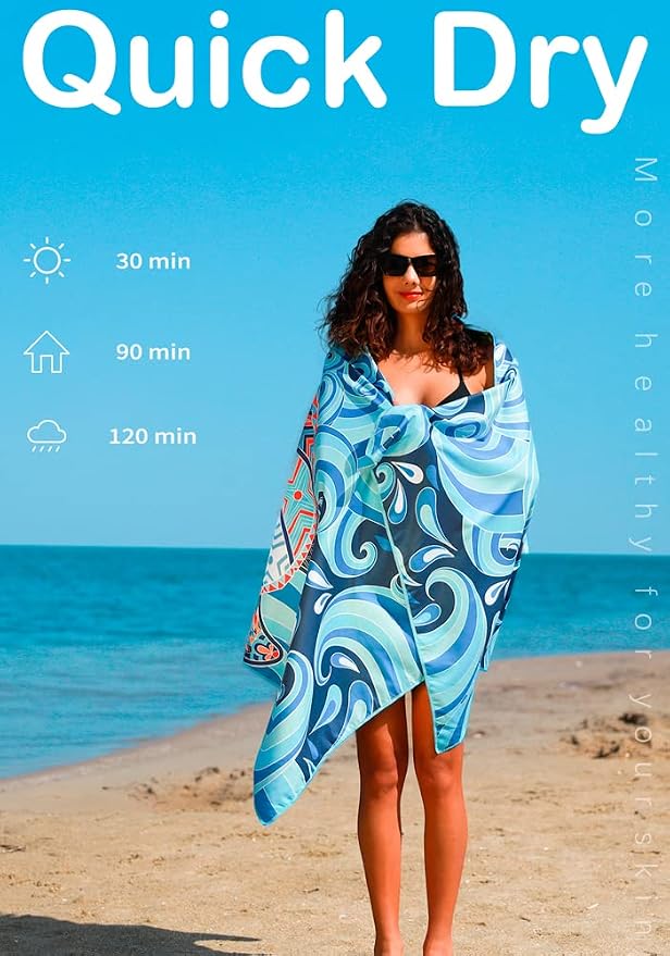 Widdonen Microfiber Beach Towel,Compact 2 Pack-71x32 Inch with Bag Travel | Extra Large,Lightweight,Thin,Sand Free,Quick Dry,Absorbent.Packable for Camping,Swim,Pool,Bath,Picnic,Cruise Essentials Gift