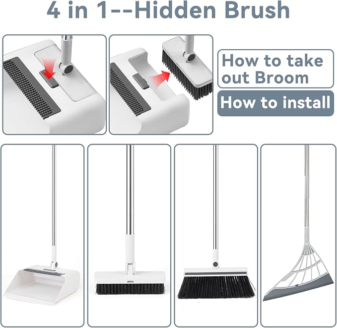 SZZJKJ Broom with Dustpan Combo Set, Silicone Long Handle Broom Dustpan, Floor Scrub Brush - Cleaning Broom 4 in 1 (White)