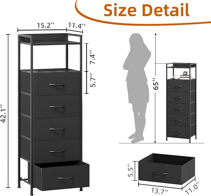 Somdot Tall Dresser for Bedroom, 5 Drawers Nightstand Vertical Storage Tower Unit, Night Stand Furniture with Fabric Drawer Organizer in Bedside Hallway, Entryway, Kids Room, Closet, Black