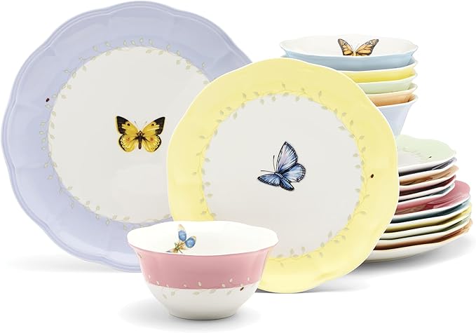 Lenox Butterfly Meadow Colors Porcelain 18-Piece Dinnerware Set for 6 | ceramic, dishwasher safe, microwave safe | plates and bowls sets for kitchen and dining | 10.75 inch plate