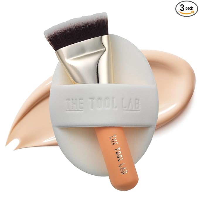 THE TOOL LAB All Day Airy Fitting Duo (Fitting type), Makeup Set with Flat Foundation Brush and Liquid Foundation Puff, Portable Case with 1.1" Flat Brush, Korean Makeup