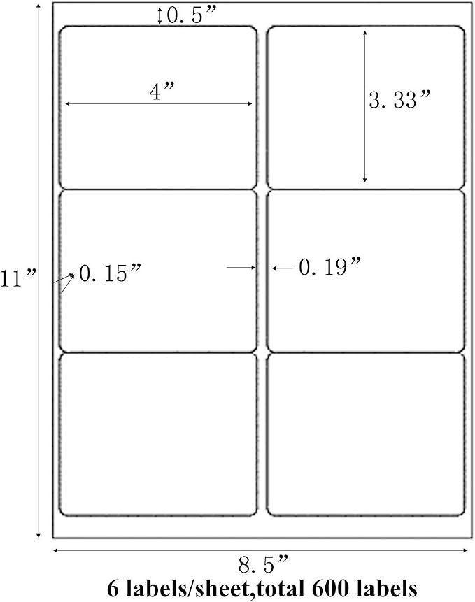 9527 Product 6 up 3-1/3“ x 4” Sticker Labels Shipping Address Labels for Laser & Inkjet Printers, 100 Sheets, Total 600 Labels