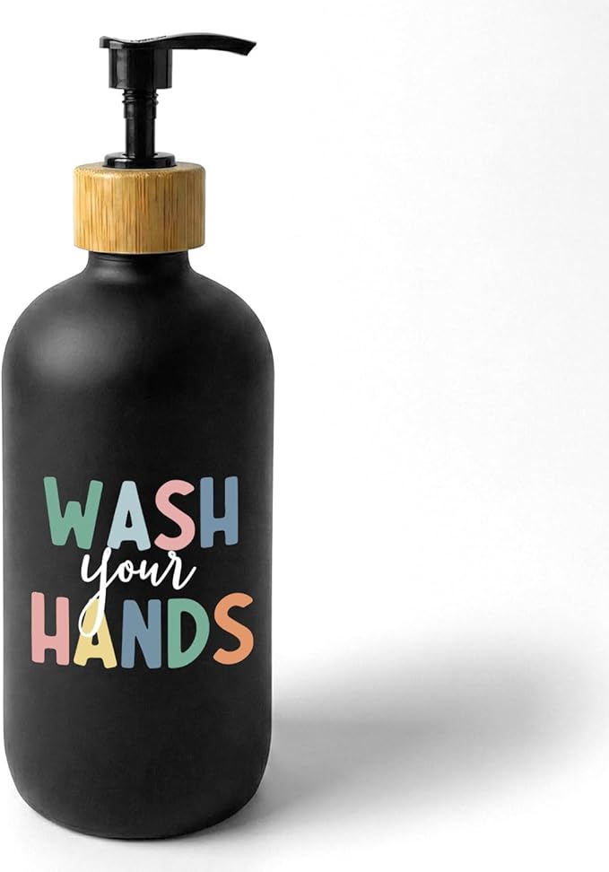 Kids Bathroom Boho Soap Dispenser, Wash Your Hands Bathroom Countertop Hand Soap Dispenser with Pump, Colorful Toddler Decor Handsoap Refillable Glass Pump Bottle Container (Black)