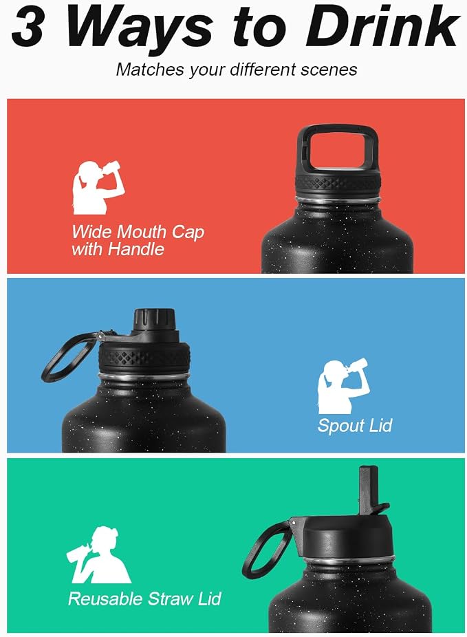 Coolflask 64 oz Insulated Water Bottle with Straw&3 Lids, Half Gallon Insulated Water Jug Galaxy Large Metal Stainless Steel Flask for Gym, Sports and Office, Keep Cold 48H Hot 24H, Starry Night