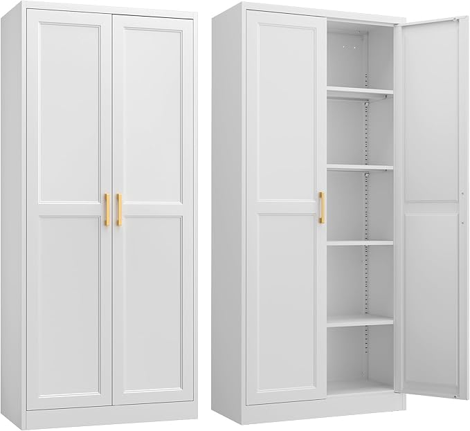 Steeloong 71"Metal Pantry Storage Cabinet with Doors & 4 Adjustable Shelves | Kitchen Pantry Cabinet,White Kitchen Cabinet with 2 Gold Handles,Tall Cabinet for Livingroom,Pantry, Bathroom,Kitchen
