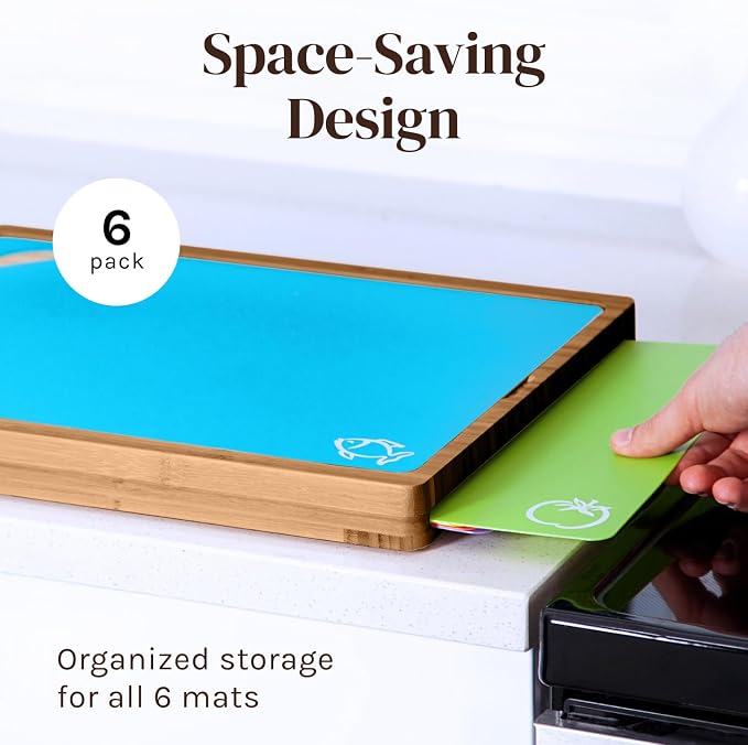 Cooler Kitchen Bamboo Wood Cutting Board Set with 6 Color Coded Flexible Plastic Chopping Mats with Food Icons, Wooden Cutting Boards for Kitchen, Wooden Chopping Board Non Toxic Dishwasher Safe