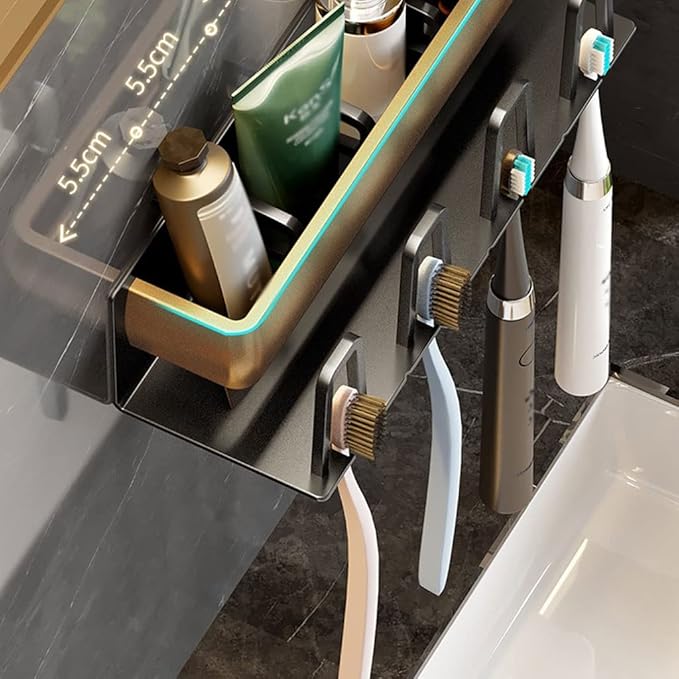 Toothbrush Rack Toothbrush Holder Wall-Mounted Bathroom Storage Rack 4 Toothbrush Slots, Punch-Free Multi-Function Toothbrush Holder Bathroom Toothbrush Holder(A)