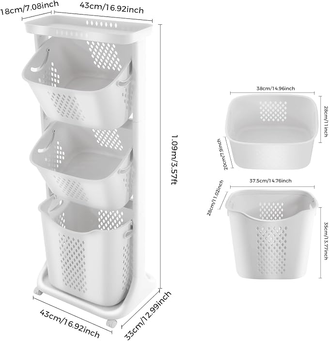 3 Tier Rolling Laundry Hamper Large Capacity Clothes Storage Basket Sorter Cart,White Organizer Shelf with Handle,Household Utility Basket for Bathroom Bedroom Kitchen Laundry Room
