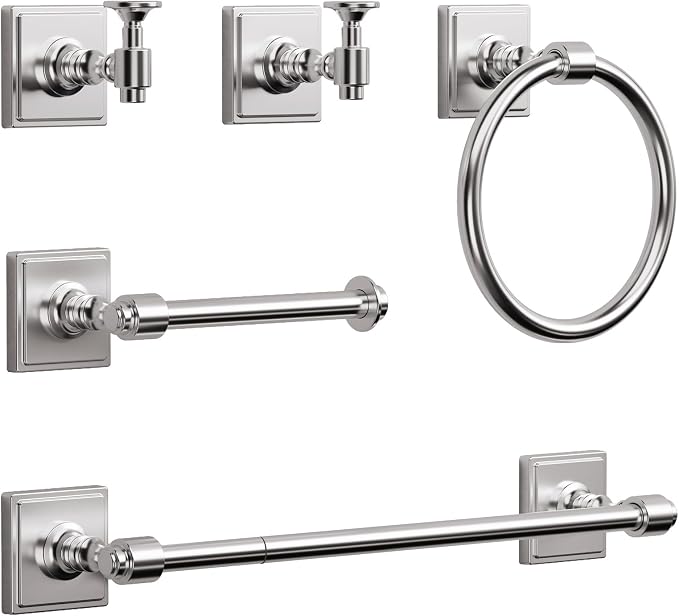 VEHCIL Brushed Nickel Bathroom Towel Bar Set, 5 Piece Bathroom Hardware Accessory Set, SUS304 Stainless Steel 24" Towel Rack Holder Set for Bathroom, Wall Mounted