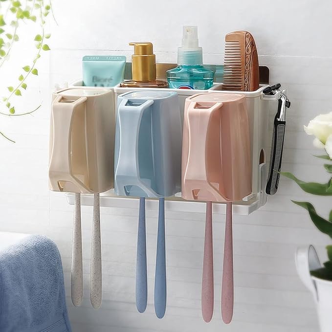 Toothbrush Rack Wall-Mounted Toothbrush Holder Bathroom Toothbrush Holder with Three Sinks with Cups for Toothpaste and Makeup Bathroom Toothbrush Holder