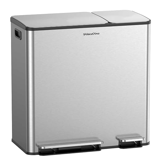 Dual Trash and Recycling Bins for Kitchen, 13+5.3 Gallon Stainless Steel Garbage and Recycle Bin Combo for Large Families, Soft Close Lid, Removable Liner Buckets, Silver