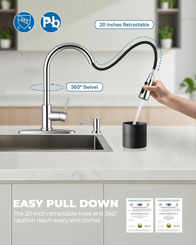 WEWE Kitchen Faucet with Soap Dispenser and Pull Down Sprayer, RV Single Handle Classic 3 Modes Stainless Steel Faucet for Kitchen Sink, RV, Polished Chrome