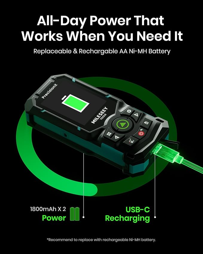 MILESEEY S50 Green-Beam Laser Distance Measure - 400ft Laser Measure, P2P, Side-Laser Alignment, Rechargeable, 2.4" IPS Backlit Display, Area/Volume Measurement, 8 Units, Indoor&Outdoor