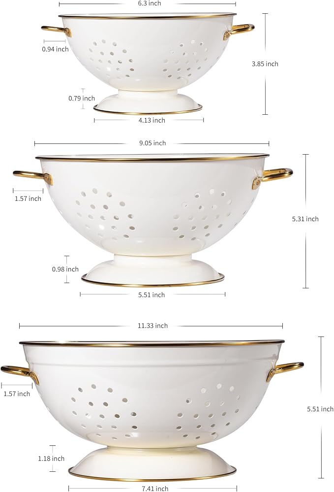 Metal Colander Set of 3, Strainer Basket with Handles perfect for Spaghetti, Pasta, Berry, Vegetable, Fruit, Solid Base Powder Coated Kitchen Essential Strainer Set, 1 & 3.5 & 5 Qt (Cream)