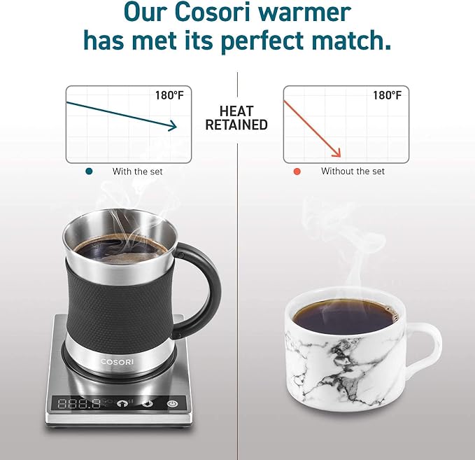 Cosori Coffee Mug Warmer & Mug Set, 1°F Precise Temperature Control | Digital Cup Heater, Touch Tech & LCD Digital Display (77-194℉), 304 Stainless Steel, for Desk, Office, Silver/Black