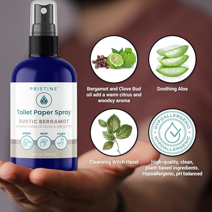 PRISTINE Toilet Paper Spray, As Seen on Shark Tank, Flushable Wipe Alternative, Personal Cleansing Bathroom Spray for Regular Toilet Tissue, Bidet Alternative, Made in USA, Rustic Bergamot, 32oz