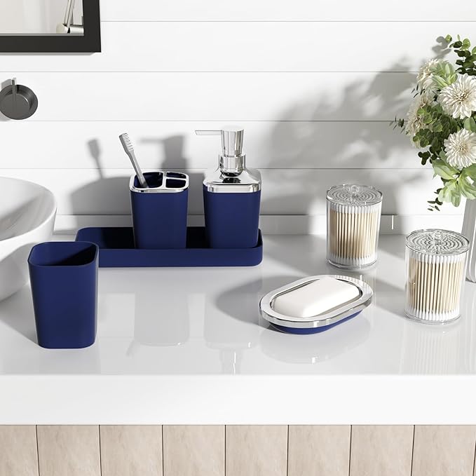 XLHOMO Bathroom Set, 9PC Bathroom Accessory Set, Blue Bathroom Accessories, Blue Bathroom Set, Trash Can, Soap Dispenser for Home Decor