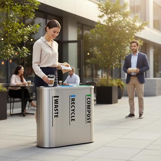 33 Gallon Stainless Steel Triple Stream Indoor Recycling Station, 3 Compartment Waste Sorting Bin with Separate Trash Recycle Compost Sections, Commercial Decorative Waste Container