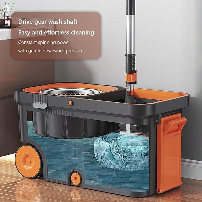 Household Cleaning Automatic with 6 Replacement Head Refills Extended Handle Hand-Free Automatic Dehydration Mop Cleaning with Bucket for Household Floor Cleaning (Grey Orange)