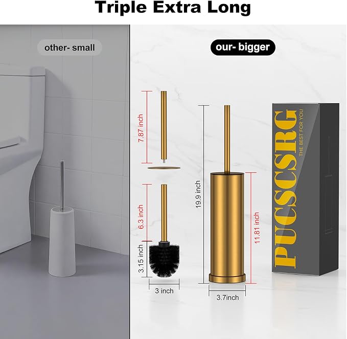 Brushed Gold Toilet Brush and Holder Set，Stainless Steel Heavy Duty Toilet Bowl Brush，Extra Long Handled Modern Toilet Cleaner Brush with Replaceable Head, Removable Inner Bowl, and Splash Protection