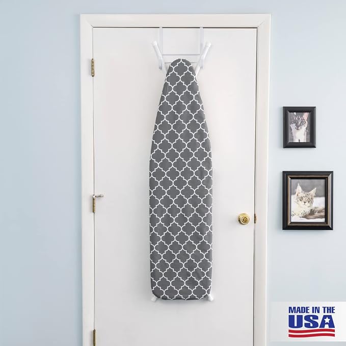 Full Size Ironing Board Made in USA – Gray Lattice by Seymour Home Products 4 Heavy-Duty Steel Legs Perforated Top for Steam Includes Cover & Pad Sturdy, Foldable Iron Board for Home & Laundry