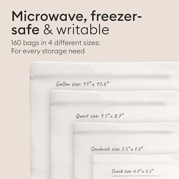 Vove Compostable Storage Bags 160 Ct Variety Pack (S/M/L/XL), Plastic-Free Zip Bags for Food Storage and Meal Prep, PFAS-Free and BPI Certified, Freezer Safe Airtight Seal, Plant-Based