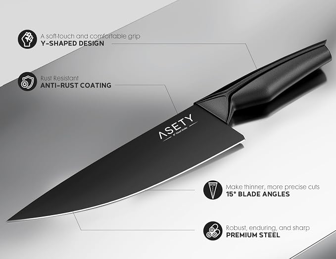 ASETY Kitchen Knife Set, 15 PCS Knife Block Set, Dishwasher Safe, Black | Razor Sharp Knives, Wood Block with Built-In Sharpener, Stainless Steel Knives set for Kitchen, Ergonomic Non-Slip Handle